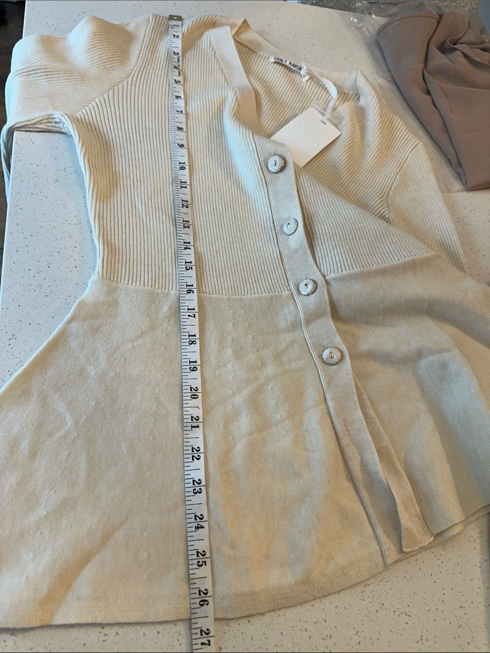 Cream Ribbed V-Neck Button Front Peplum Cardigan - Picture 6 of 6